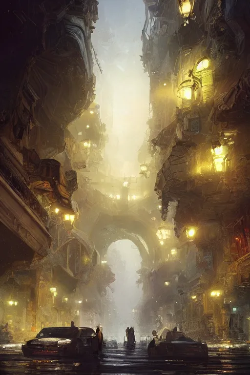 Prompt: inside the street of the city of atlantis, powerfull, intricate, elegant, volumetric lighting, digital painting, highly detailed, artstation, sharp focus, illustration, concept art, ruan jia, steve mccurry