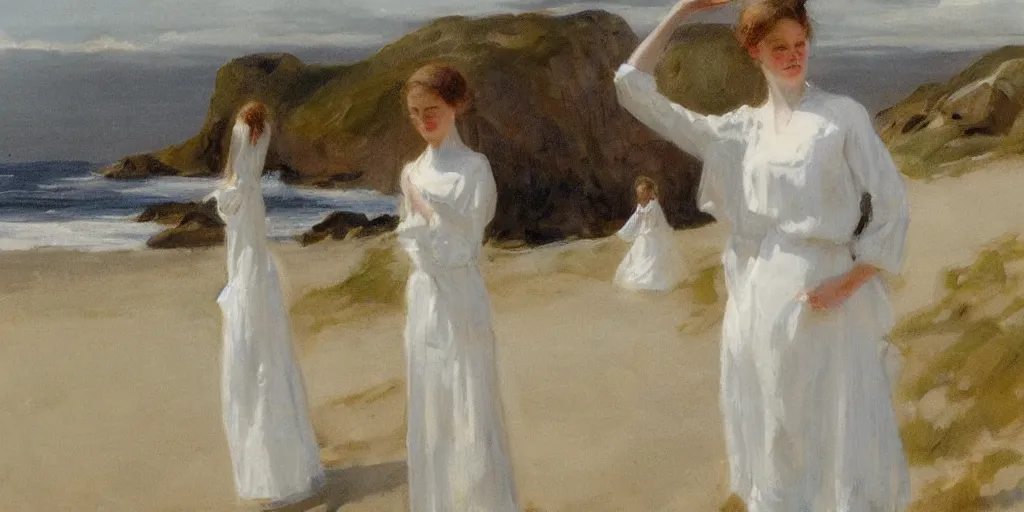 Prompt: A young Edwardian woman wearing a white dress standing on a sandy beach in Sweden, in the style of Anders Zorn