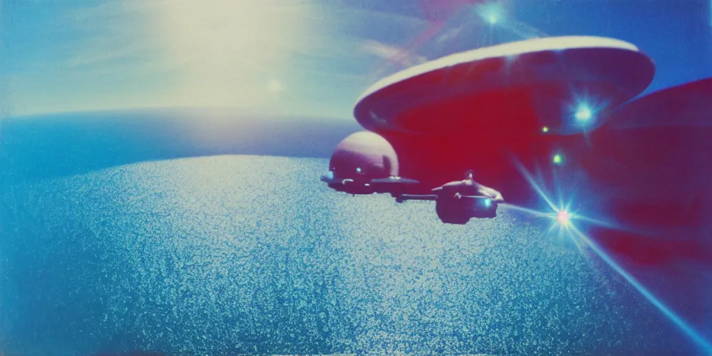 Prompt: analog polaroid photograph of the starship Enterprise flying above the ocean, seen from above, drone footage, bright sun reflection in the water, lensflare, film grain, azure tones, red color bleed