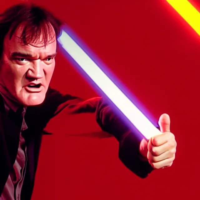 Prompt: quentin tarantino giving his thumbs up with one hand, and raising a lightsaber with his other hand. without characters. red background. cinematic trailer format.