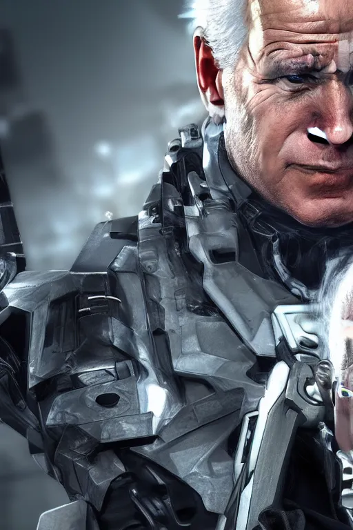 Image similar to joe biden in metal gear rising revengeance, metal gear rising, metal gear, joe biden, octane render, 8 k, realistic face, realistically proportioned head, realistically proportioned face