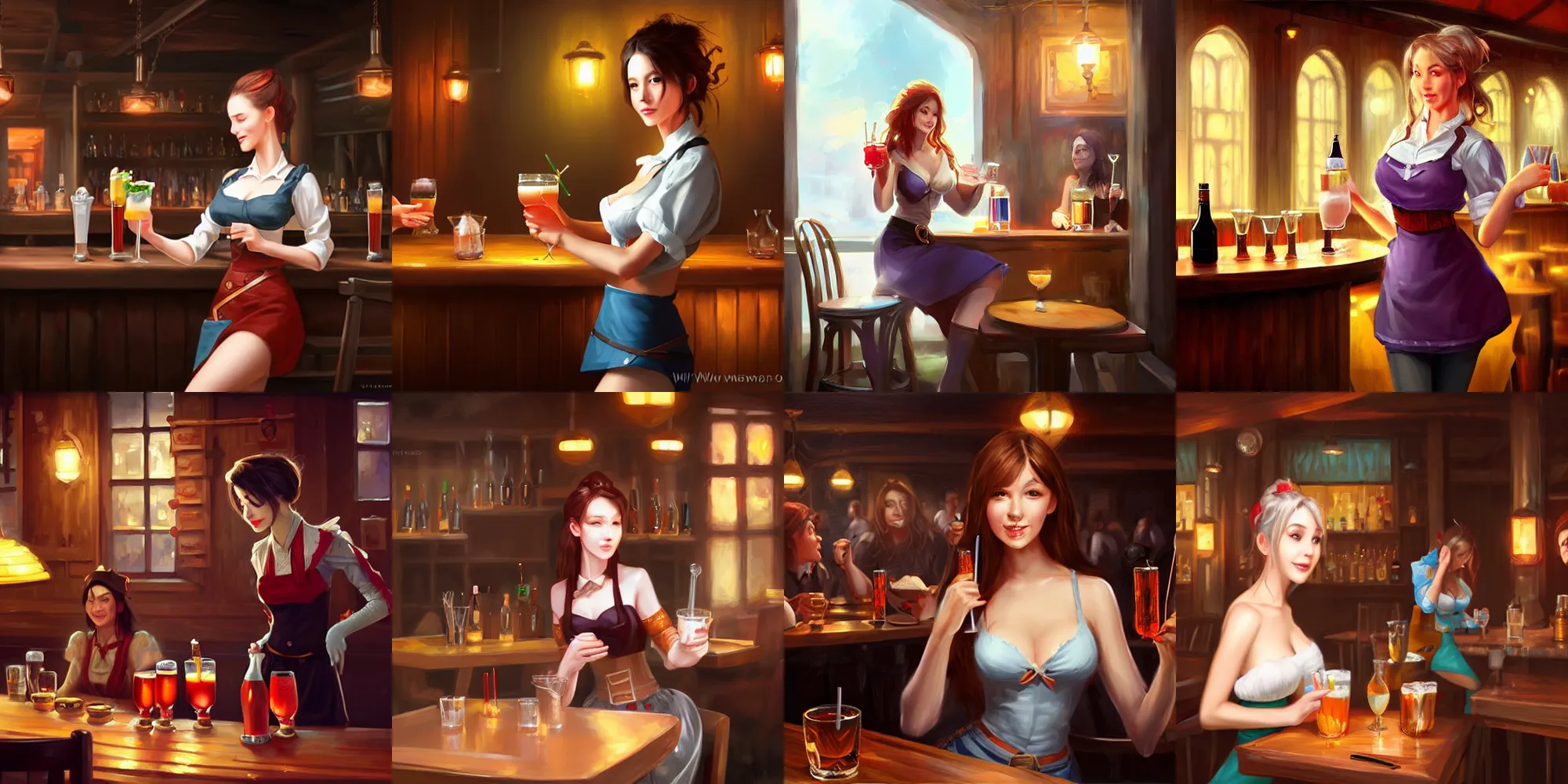 Prompt: A waitress in a fantasy tavern serves drinks to customers, digital painting by WLOP.