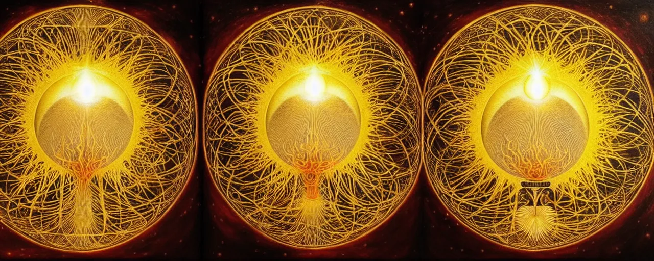 Image similar to a golden child radiates a unique canto'as above so below'while being ignited by the spirit of haeckel and robert fludd, breakthrough is iminent, glory be to the magic within, in honor of saturn, painted by ronny khalil