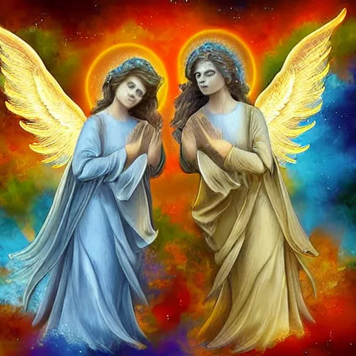 Image similar to Two celestial Angels ,warm colours celestial, divine,detailed, Digital art