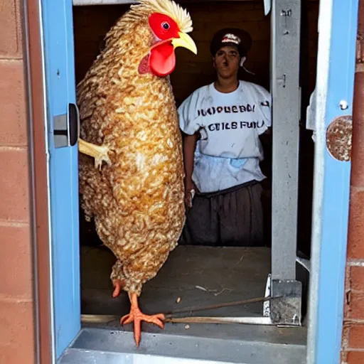 Image similar to chicken wearing as an inmate