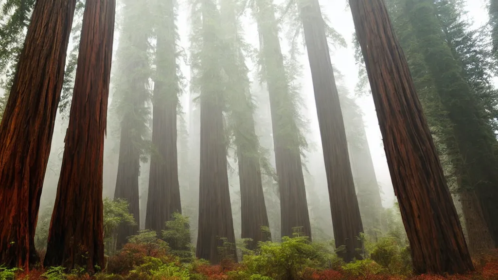 Image similar to redwood forest sequoia very tall trees beautiful concept art misty