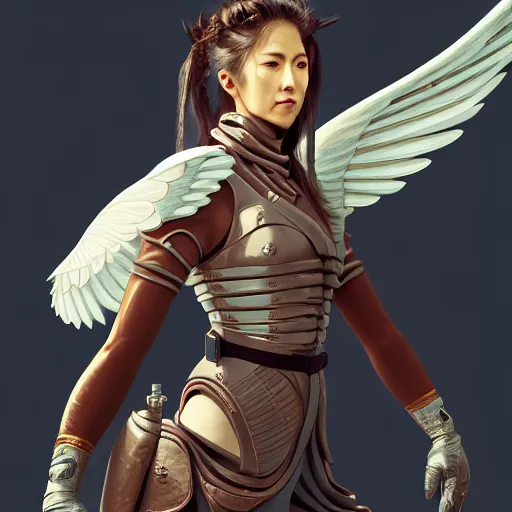 Prompt: 3 / 4 view of a portrait of a fighter woman with wings with wings, confident pose, genshin impact, digital art,, concept art, smooth, sharp focus, illustration, trending on artstation, highly detailed, concept art, trevor carlton, mickey demeo, trending on artstation, anime imax 7 0 mm, h 6 4 0