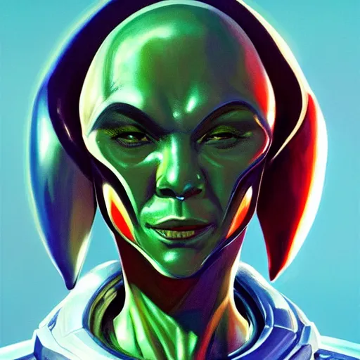 Image similar to Bright, colorful, realistic space-opera alien rpg single individual headshot dramatic backlighting, kodachrome, high contrast, highly detailed, sharp focus, digital painting, concept art, illustration, trending on artstation, comic book by Alex Ross cover art