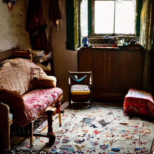 Prompt: A darkened kitsch-filled dusty parlor brightened and warmed by the morning sun, a small tattered Persian rug is on the floor, a little child\'s tricycle is parked in the corner of the room, cinematic, vignette, ultrarealistic, photograph