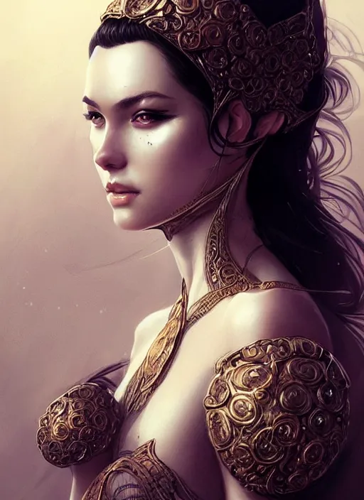 Image similar to portrait of female in wearable art, intricate details, elegant, highly detailed, digital photography, artstation, glamor pose, concept art, smooth, sharp focus, art by artgerm and greg rutkowski