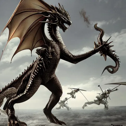 Image similar to dragon saphira fighting against soldiers photo realistic, detailed