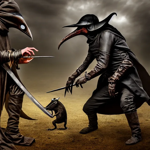 Prompt: plague doctor warrior confronting a giant plague rat, highly detailed, 8 k, hdr, smooth, sharp focus, high resolution, award - winning photo