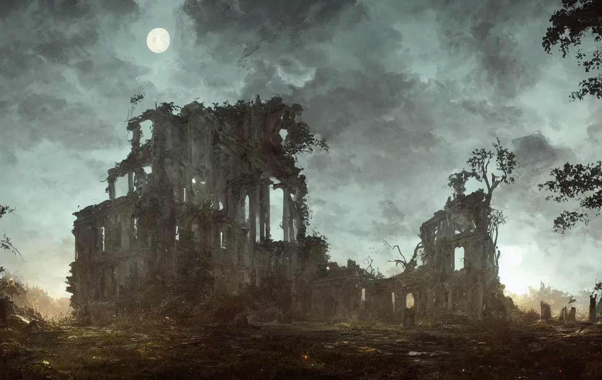 Image similar to A digital painting of a close-up view of abandonned ruins, some dim moonlight, by Ismail Inceoglu and Caspar David Friedrich, stunning, photorealistic, highly-detailed, 4k, ue5, light effect, rtx on, realistic, cinematic, IMAX quality, trending on artstation