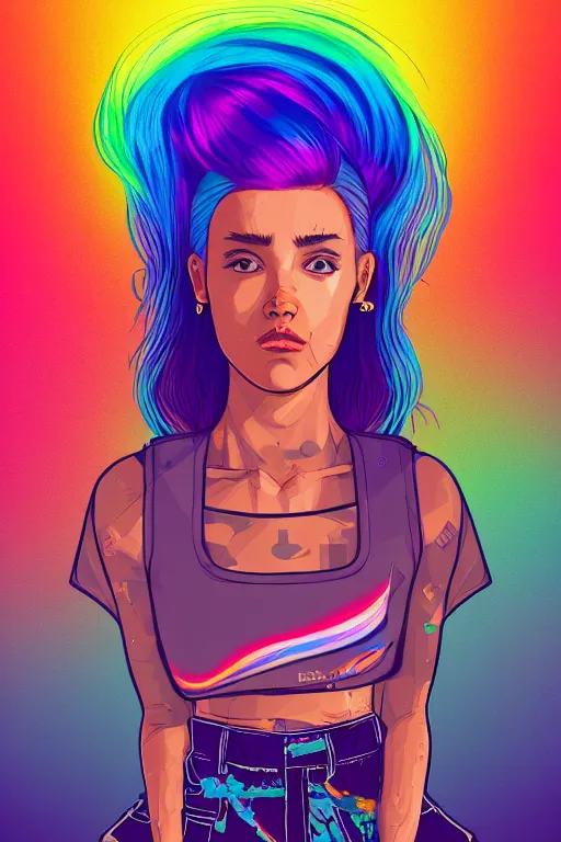 Image similar to a award winning half body portrait of a beautiful woman with stunning eyes in a printed croptop and cargo pants with rainbow colored ombre hairstyle head in motion and hair flying by josan gonzales, outrun, vaporware, shaded flat illustration, digital art, trending on artstation, highly detailed, fine detail, intricate