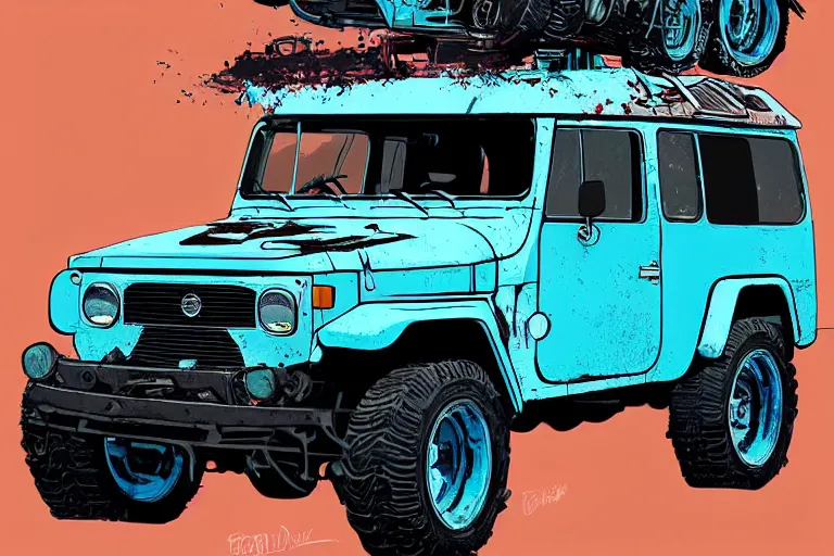 Image similar to digital illustration of a faded cyan mad max's fj 4 0 decrepit!!!! pursuit special, rusty!!! nissan fj cruiser heavily modded 1 9 9 0 s, the last v 8 interceptor by makoto shinkai, ilya kuvshinov, lois van baarle, rossdraws, basquiat