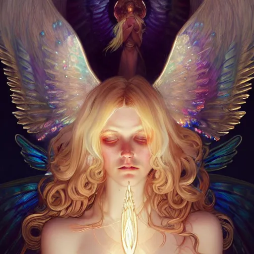 Image similar to Winged girl angel covered in eyes with blonde hair and glowing halo, iridescent, seraphim, fantasy, intricate, elegant, highly detailed, digital painting, artstation, concept art, smooth, sharp focus, illustration, art by Krenz Cushart and Artem Demura and alphonse mucha