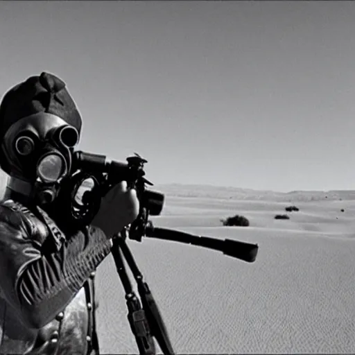 Image similar to pirate wearing a gasmask, in the desert, film still, arriflex 3 5