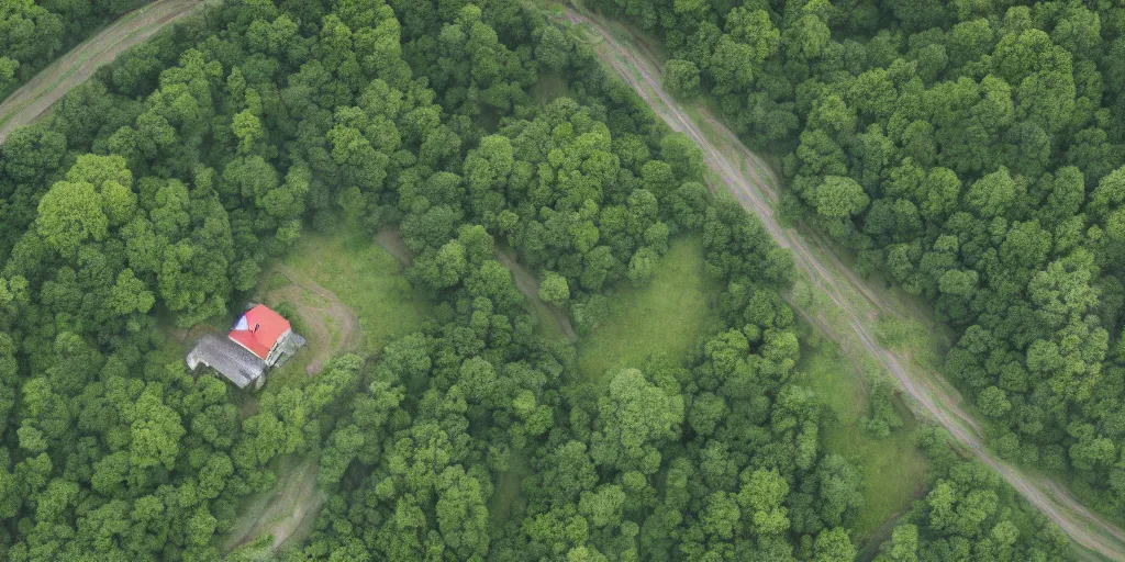 Prompt: a small farm which is surrounded by a forest, an asphalted road leading along the farm leads to the farm, on the farm there is a lot of space and some buildings are present, picture from bird's eye view, ultra realistic, high detail, 4k, trending on artstation