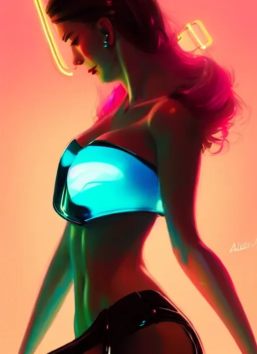 Image similar to glossy tube top, elegant, cyber neon lights, highly detailed, digital illustration, trending in artstation, trending in pinterest, glamor pose, concept art, smooth, sharp focus, art by artgerm and greg rutkowski