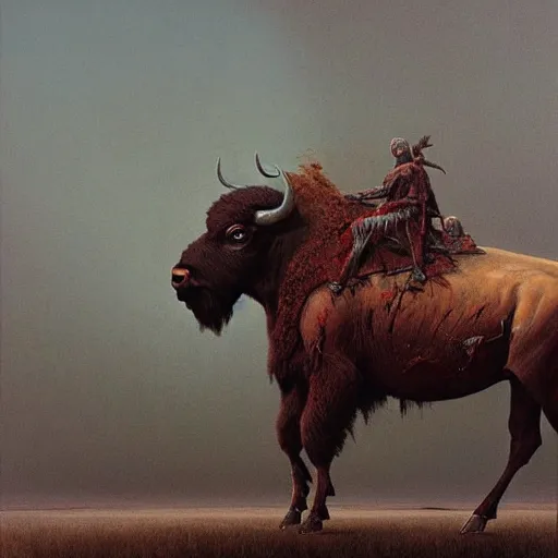 Image similar to Josh Allen on a bison, dark fantasy, Warhammer, artstation painted by Zdzisław Beksiński and Wayne Barlowe