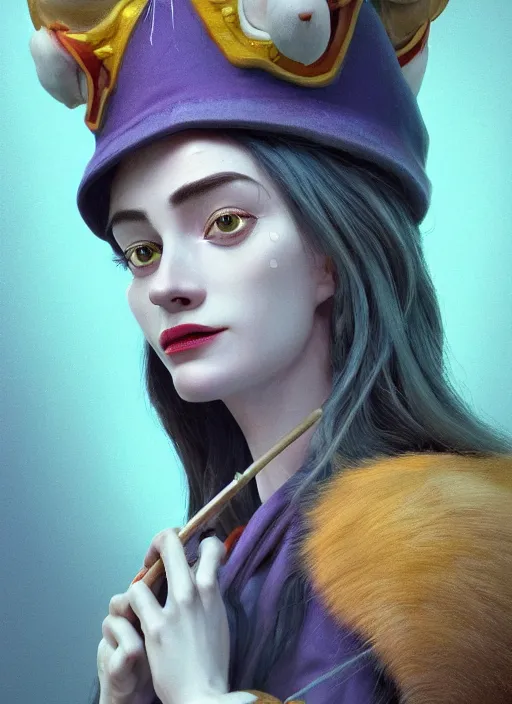 Image similar to an anthropomorphic beautiful female wizard portrait made of fox holding a staff wearing colourful robe, fine art, award winning, intricate, elegant, sharp focus, octane render, hyperrealistic, cinematic lighting, highly detailed, digital painting, 8 k concept art, art by jamie hewlett and z. w. gu, masterpiece, trending on artstation, 8 k