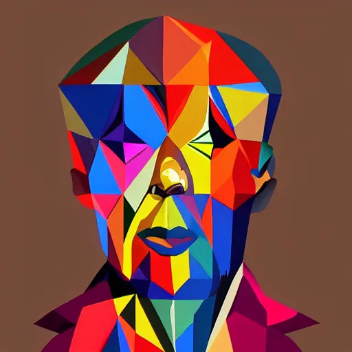 Image similar to a painting of a man's face made up of triangles, a pop art painting by Milton Glaser, featured on behance, crystal cubism, pop art, anaglyph effect, anaglyph filter