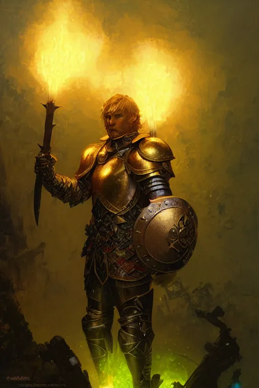 Image similar to bronze skinned elf with golden hair, glowing eyes, wearing green plate armour portrait dnd, painting by gaston bussiere, craig mullins, greg rutkowski, yoji shinkawa