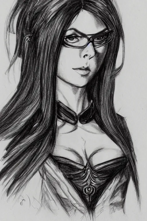 Image similar to Sketch portrait of fully clothed Bayonetta in the style of Da Vinci