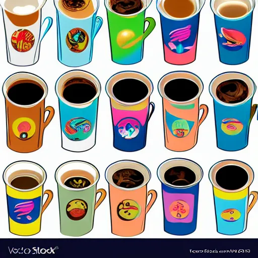 Prompt: stickers of colorful space bongs and coffee mugs, vector, graphic design