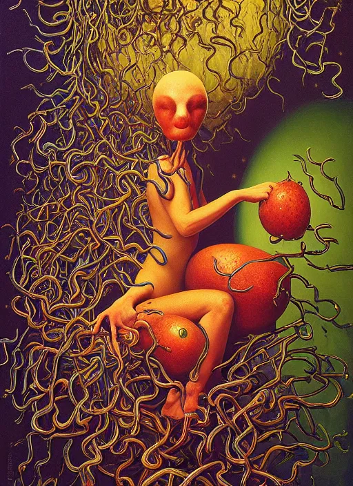 Image similar to hyper detailed Oil painting - She Eats of the Strangling Fruit and Her gossamer polyp blossoms bring iridescent fungal flowers whose spores black the foolish stars by Jacek Yerka, Mariusz Lewandowski, Abstract brush strokes, Masterpiece, Edward Hopper and James Gilleard, Zdzislaw Beksinski, Mark Ryden, Wolfgang Lettl, hints of Yayoi Kasuma