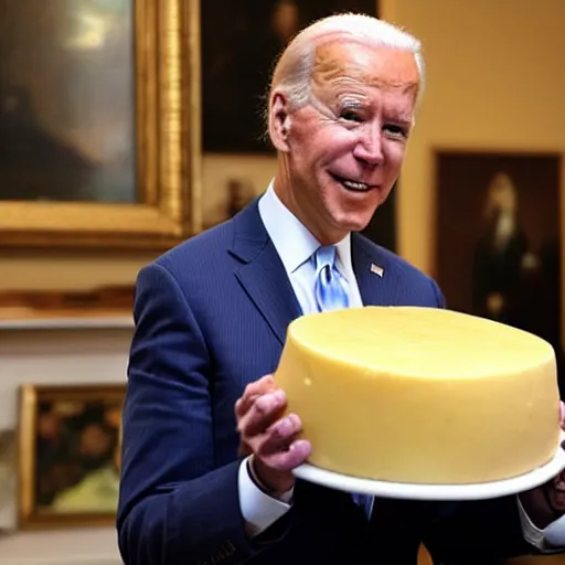 Image similar to joe biden eating a large wheel of cheese,