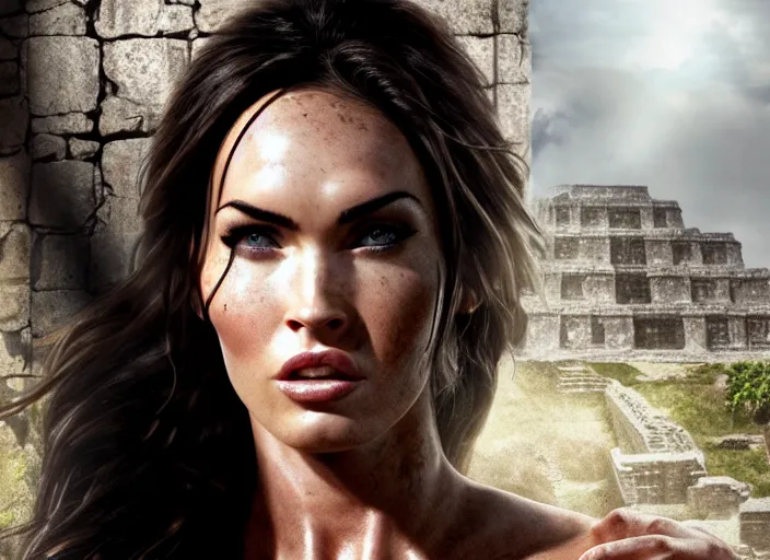 Prompt: film still of!!!! megan fox!!! as lara croft in new tomb raider movie, closeup portrait, exploring inside of aztec temple, glamour pose, dramatic lighting, octane, mist, volumetric lighting, arney freytag, 8 k