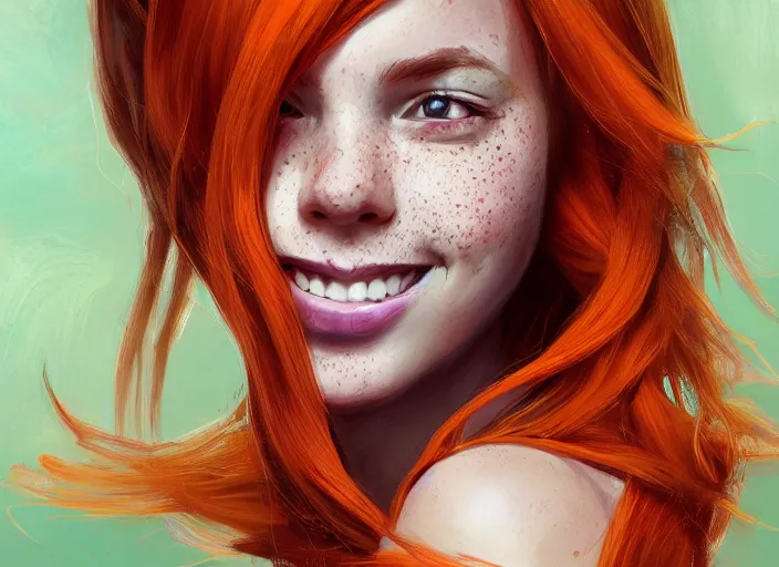 Image similar to portrait of a beautiful smiling girl with orange hair and freckles, green eyes, highly detailed, digital painting, concept art, smooth, sharp, focus, background is purple, artstation, style by Julia Razumova