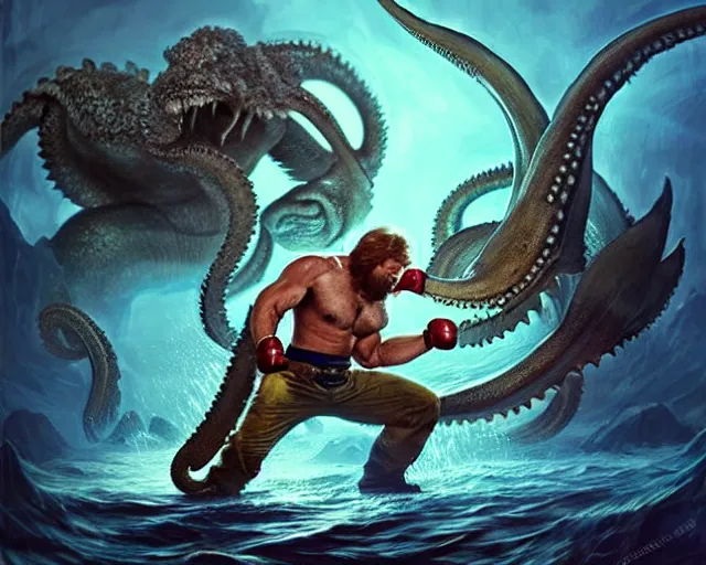 Image similar to chuck norris fighting the kraken with explosive punches, photography of kurzgesagt, deep focus, d & d, fantasy, intricate, elegant, highly detailed, digital painting, artstation, concept art, matte, sharp focus, illustration, hearthstone, art by artgerm and greg rutkowski and alphonse mucha