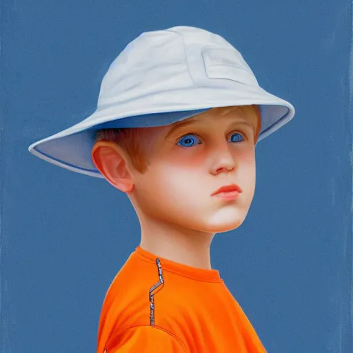 Image similar to a detailed portrait of a boy with blue eyes and blonde hair wearing an orange bucket hat, art illustration, incredibly highly detailed and realistic, 8 k, sharp focus