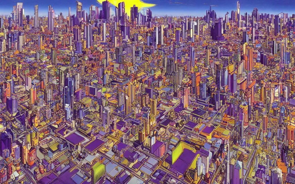 Image similar to DMT city, concept art by hirohiko araki and moebius