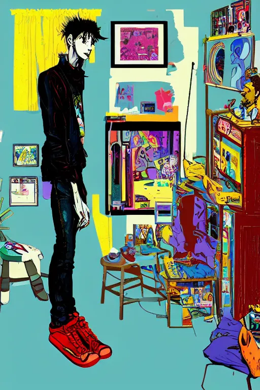 Image similar to a skinny goth guy standing in a cluttered 9 0 s bedroom by jamie hewlett, jamie hewlett art, full body character concept art, vaporwave colors, digital painting,