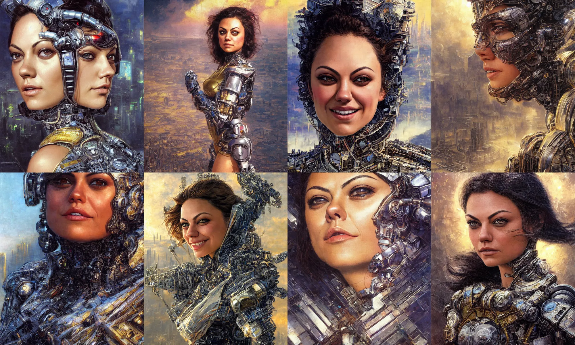 Image similar to close - up portrait of epic mila kunis smiling into camera, intricate cyborg armor, vista of futuristic city, windy, golden hour, wlop, by gerald brom, by mikhail vrubel, by peter elson, muted colors, extreme detail, trending on artstation