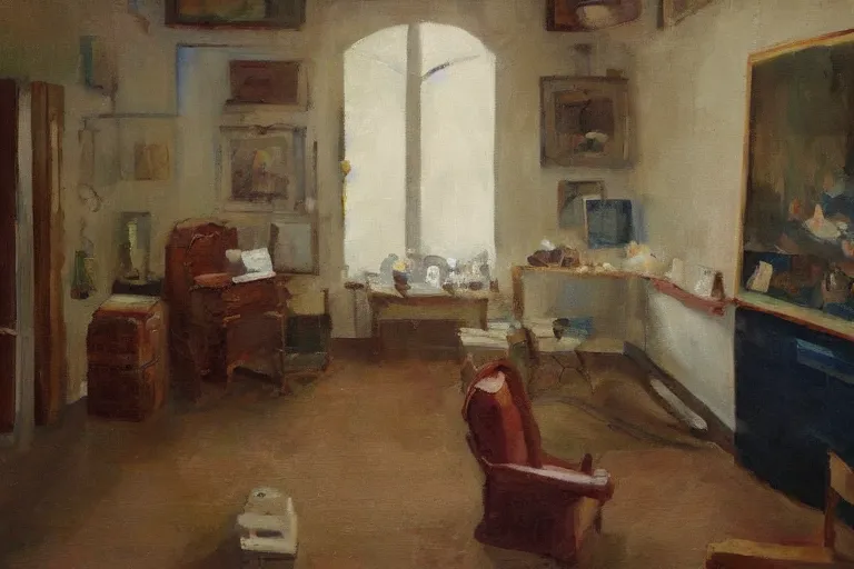 Prompt: oil painting of the room of the nameless painter