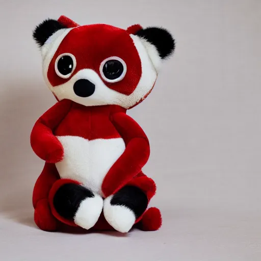 Prompt: A cute red panda plushie, with buttons as eyes, put against a white wall