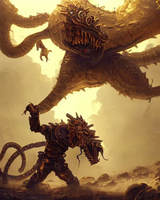 Image similar to oil painting of golden Steampunk Golem fighting chinese dragon snake, sharp focus, fantasy style, steampunk city background, octane render, volumetric lighting, 8k high definition, by greg rutkowski, highly detailed, trending on art Station