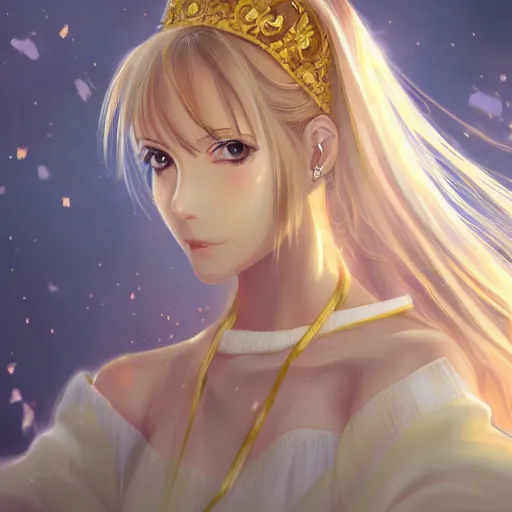 Image similar to portrait of an anime princess in white and golden clothes , digital painting , artstation , devian art , 4k , HD