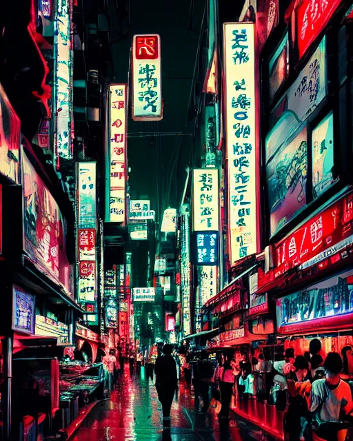 Image similar to futuristic tokyo crowded night street with neon signs by giorgio vasari, the animatrix, atmospheric, cinematic composition, 8 k, cyberpunk lighting, blade runner