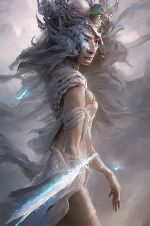 Image similar to beautiful girl warrior in white dress, casting magic spell, angel, magic storm and thunder clouds, fantasy, magic the gathering, hyper detailed, 3 d render, hyper realistic detailed portrait, peter mohrbacher, wlop, ruan jia, luis royo