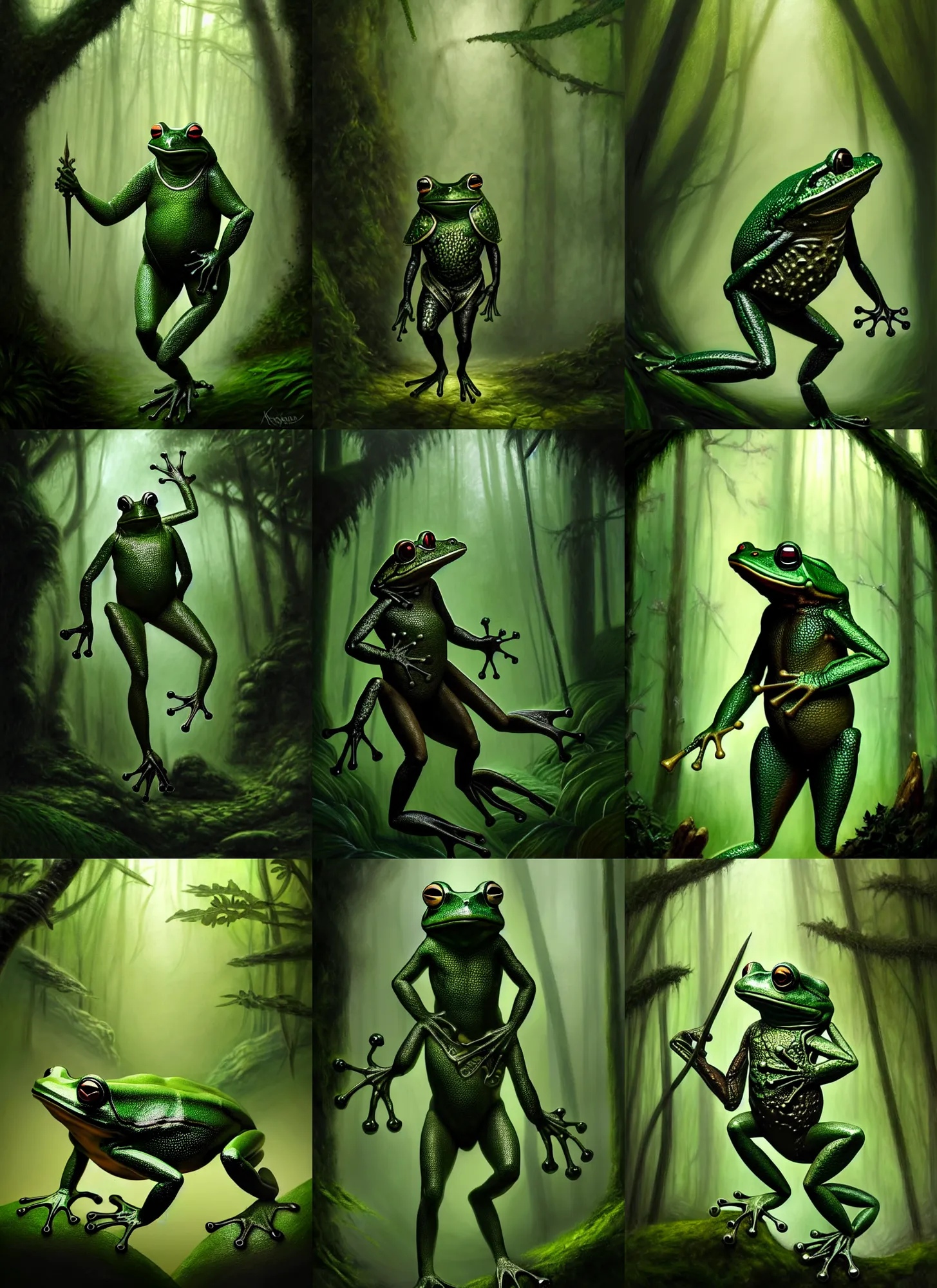 Prompt: a male anthromorphic frog in a medieval green and black armor walking trough a rainforest, diffuse lighting, fantasy, intricate, elegant, highly detailed, lifelike, photorealistic, digital painting, artstation, illustration, concept art, smooth, sharp focus, art by john collier and albert aublet and krenz cushart and artem demura