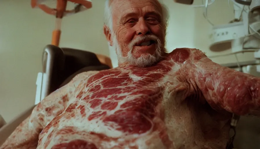 Image similar to 7 0 s movie still of a old man with a meat chest in the hospital, cinestill 8 0 0 t 3 5 mm eastmancolor, heavy grain, high quality, high detail