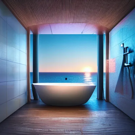 Image similar to a public bathroom stall floating in the middle of the ocean, sunset, beautiful, ultra realistic digital art, 4k, cgsociety, HDR, Intricate