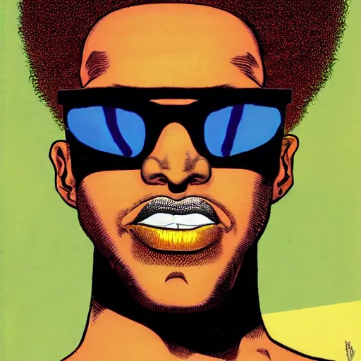 Image similar to a cool freckle-faced black dude wearing shades with a golden afro by masamune shirow