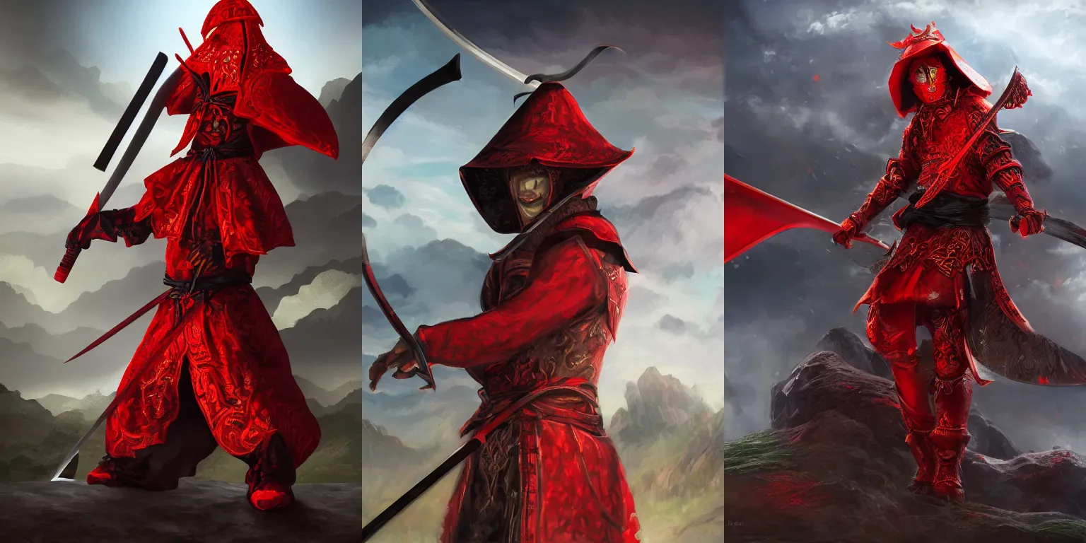 Prompt: Half-length portrait of a demonic humanoid wearing an asian rice hat and a katana. Red clothing, black armor. Volumetric lighting, bloom, shadows. Asian landscape, clouds. Fantasy, digital painting, HD, 4k, detailed.