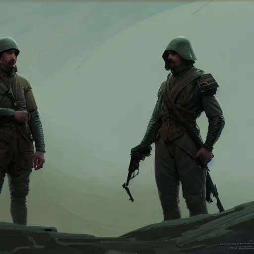 Prompt: adam driver and john oliver, standing together, stoic, full body, military uniform, battle, war, cinematic lighting by darek zabrocki and greg ruthkowski, alphonse mucha, simon stalenhag and cinematic and blue cold atmospheric, concept art, artstation, trending on artstation - w 8 3 2